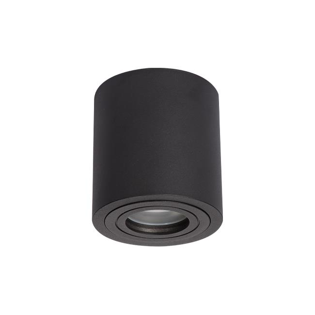 Czarna lampa sufitowa Aqua 2 IP54 w kształcie tuby, wykonana z matowego materiału. Ujęcie frontalne, montowana na suficie. Okrągły kształt z widocznym źródłem światła w środku. Przeznaczona do łazienek, odporna na wilgoć.