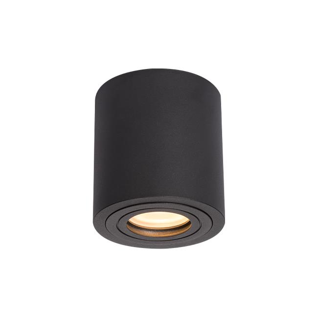 Lampa sufitowa Aqua 2 IP54 w kształcie czarnej tuby, z matowym wykończeniem. Zainstalowana w pozycji stojącej, z widoczną żarówką wewnętrzną, idealna do łazienki. Proste tło podkreśla minimalistyczny design.