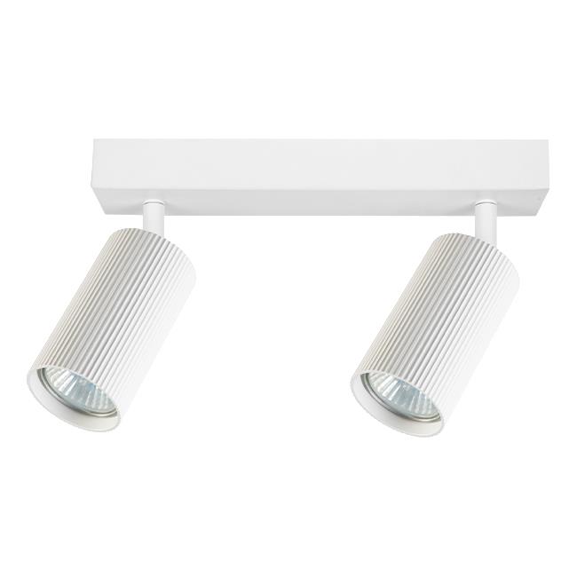 Lampa sufitowa Lucerno z dwiema oprawami GU10 w kolorze białym. Cylindryczne klosze z rowkowaną fakturą zamontowane na prostokątnej podstawie, ukierunkowane w różnych kierunkach. Idealna do oświetlenia wnętrz.