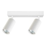 Lampa sufitowa Lucerno z dwiema oprawami GU10 w kolorze białym. Cylindryczne klosze z rowkowaną fakturą zamontowane na prostokątnej podstawie, ukierunkowane w różnych kierunkach. Idealna do oświetlenia wnętrz.