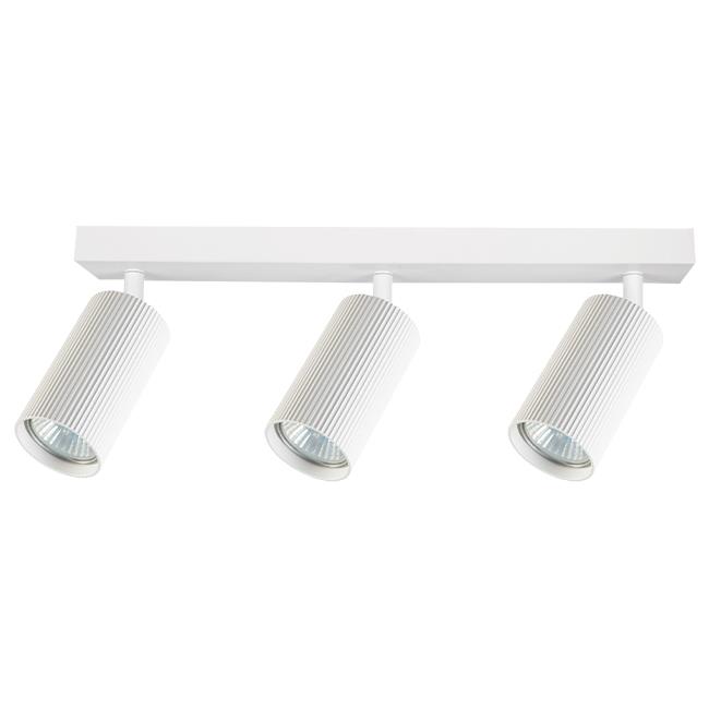 Lampa sufitowa Lucerno w kolorze białym z trzema reflektorami GU10. Reflektory z teksturowanej obudowy, zamontowane na prostokątnej podstawie. Ujęcie frontalne, pokazujące całość konstrukcji.