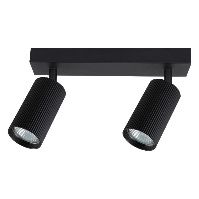 Lampa sufitowa Lucerno w kolorze czarnym z dwoma reflektorami GU10. Owalna, ryflowana obudowa spotów zamontowana na prostokątnej podstawie. Reflektory są regulowane, co umożliwia kierunkowe oświetlenie.