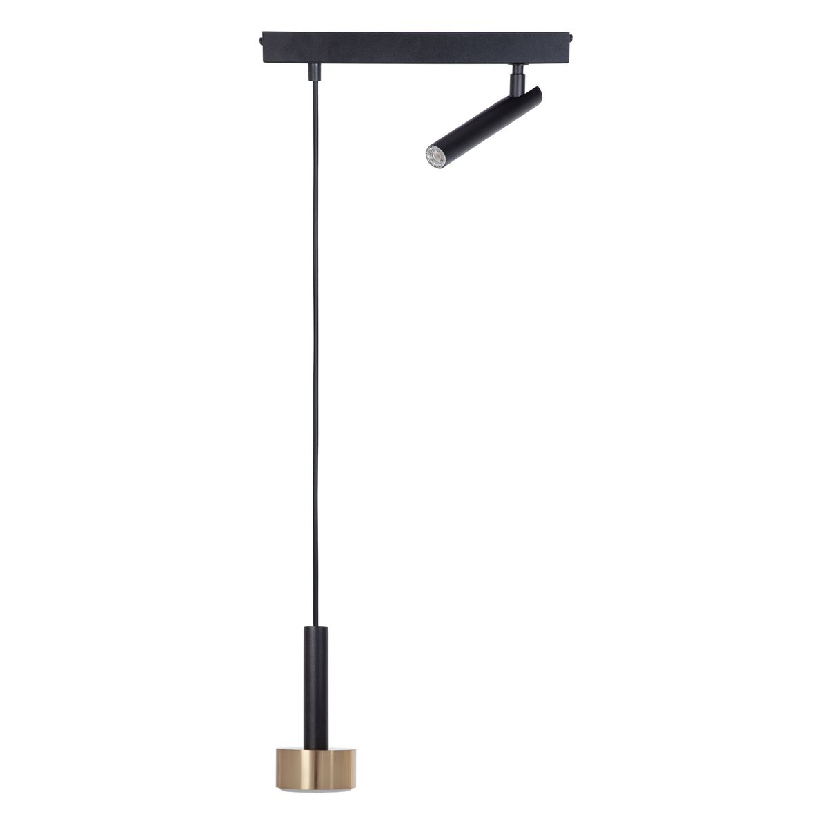 Lampa wisząca Stamp w kolorze czarnym i złotym, z jednym źródłem światła G9 i GX53. Posiada prostą, cylindryczną formę z metalowym stelażem, zawieszona na cienkim przewodzie. Zainstalowana na prostokątnej podstawie.