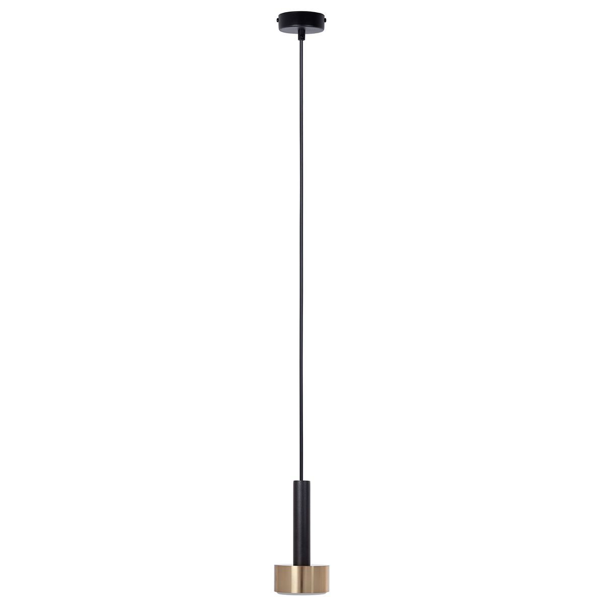 Lampa wisząca Stamp 1xGX53 w kolorze czarnym i złotym, z długim zwisem. Cylindryczny korpus z czarnego metalu oraz podstawka w kolorze złotym. Montaż sufitowy, minimalistyczny design, idealna do nowoczesnych wnętrz.