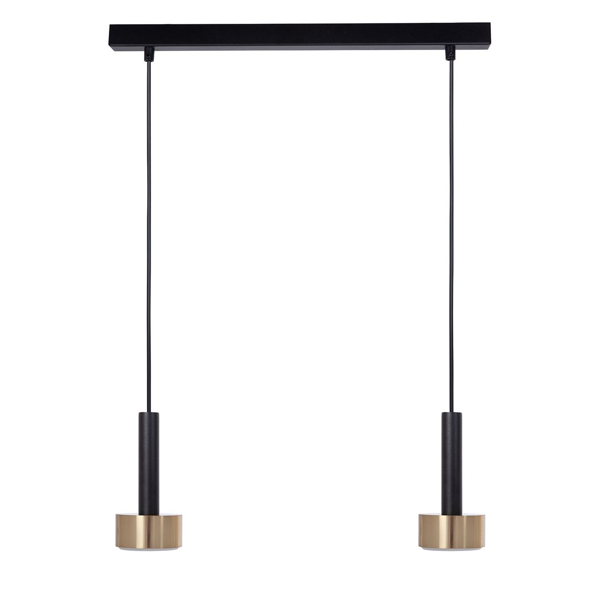 Lampa wisząca Stamp 2xGX53 w kolorze czarnym i złotym. Posiada dwa cylindryczne klosze zawieszone na cienkich linkach. Górna część w formie prostokątnego stelaża. Modernistyczny design, idealna do nowoczesnych wnętrz.