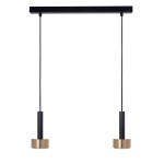 Lampa wisząca Stamp 2xGX53 w kolorze czarnym i złotym. Posiada dwa cylindryczne klosze zawieszone na cienkich linkach. Górna część w formie prostokątnego stelaża. Modernistyczny design, idealna do nowoczesnych wnętrz.
