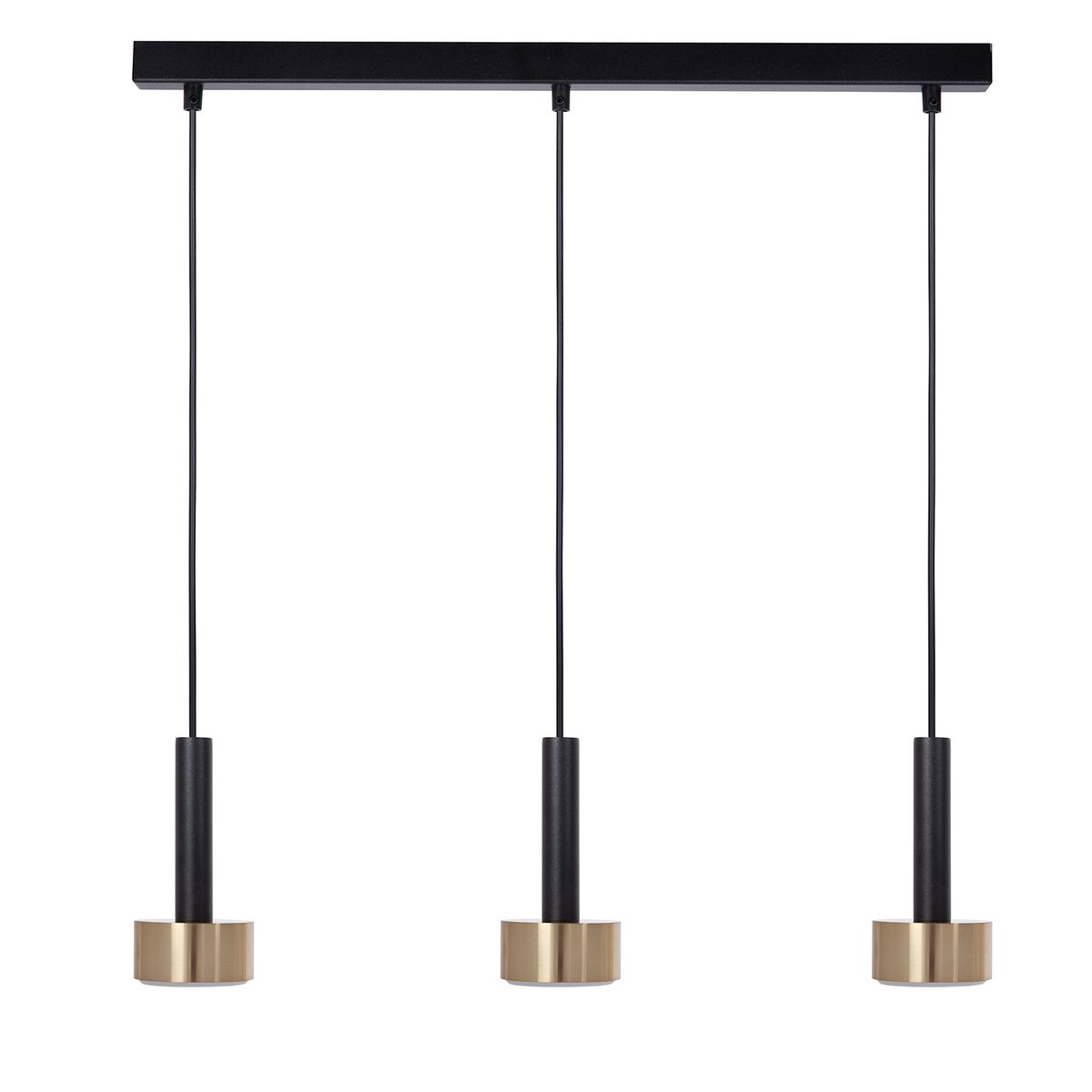 Lampa wisząca Stamp 3xGX53 w kolorze czarnym i złotym, z trzema cylindrycznymi kloszami na długich przewodach. Umożliwia zastosowanie energooszczędnych żarówek. Montowana na prostokątnej, czarnej podstawie.