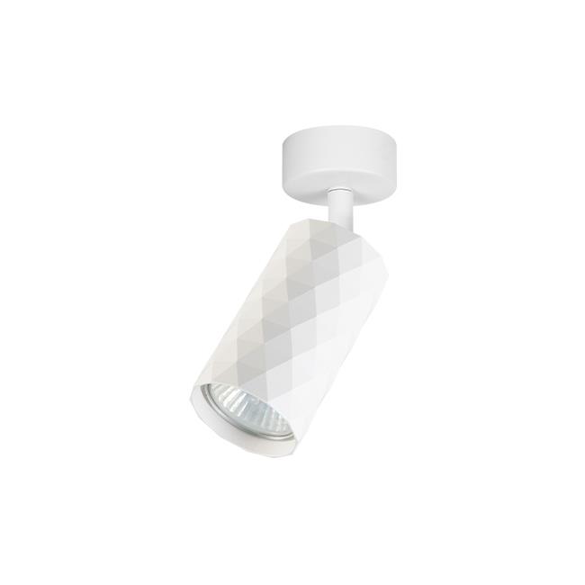 Biała lampa sufitowa spot GU10 o cylindrycznym kształcie z fakturą w formie diamentowych wypukłości. Zamontowana na okrągłym, białym mocowaniu. Źródło światła skierowane w dół, idealna do oświetlenia wnętrz.