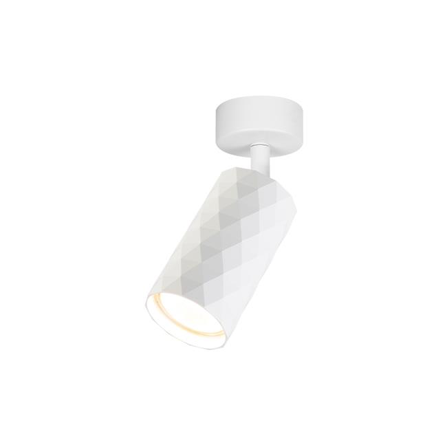 Lampa sufitowa spot GU10 w kolorze białym, z cylindrycznym kloszem o fakturze wielościanu. Umożliwia skierowanie światła. Montowana do sufitu, z okrągłą podstawą. Idealna do nowoczesnych wnętrz.