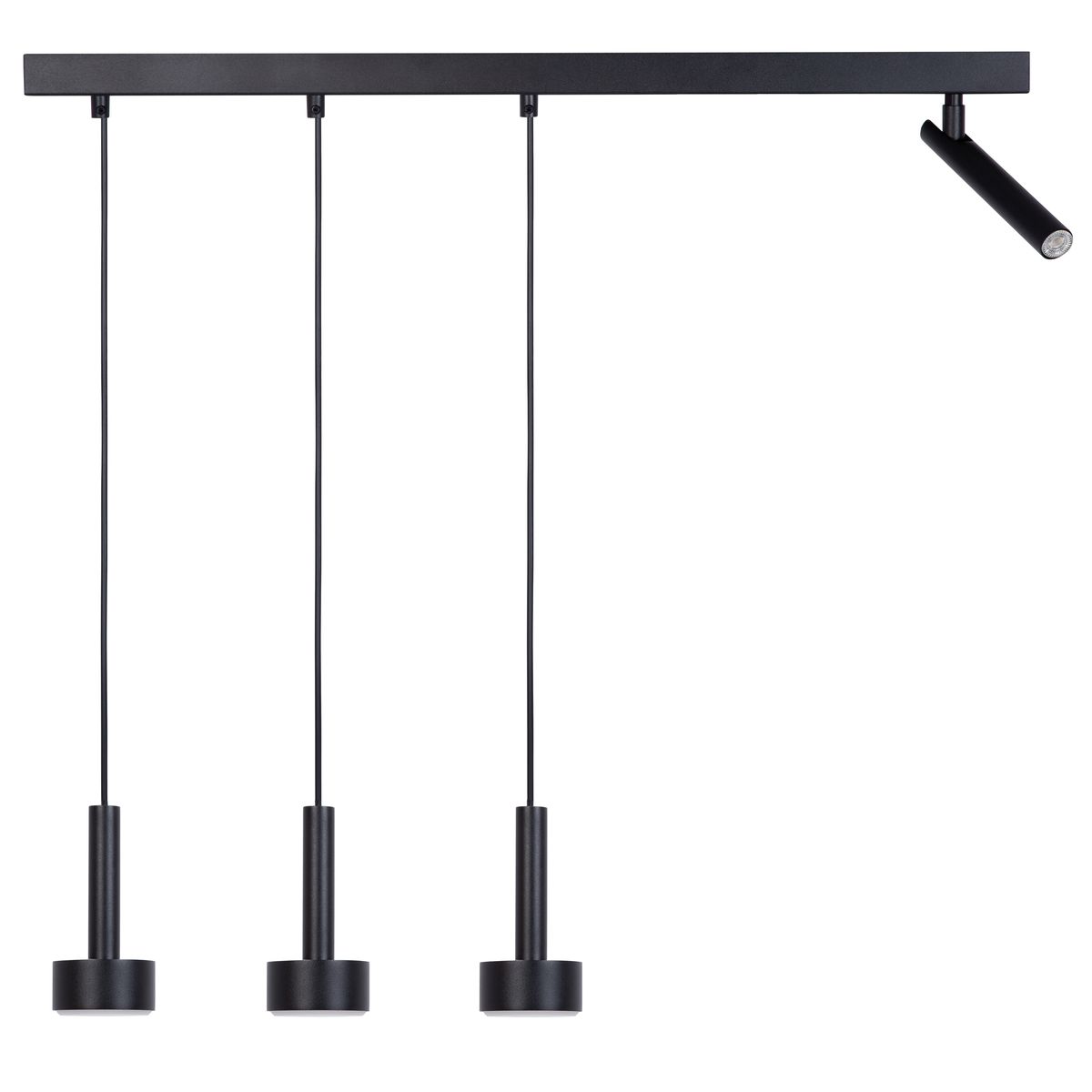 Lampa wisząca Stamp w kolorze czarnym, z jednym źródłem światła G9 oraz trzema GX53. Ułożona poziomo, z trzema zwisającymi oprawkami na cienkich przewodach, dodatkowo z jednym wysięgnikiem. Prosty, nowoczesny design.