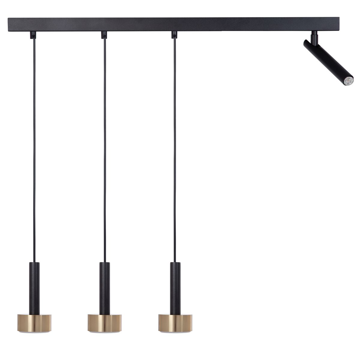 Lampa wisząca Stamp z czarnym metalowym stelażem oraz trzema złotymi oprawami na żarówki GX53, z dodatkowym źródłem światła G9. Produkt zawieszony na cienkich linkach, w minimalistycznym stylu.