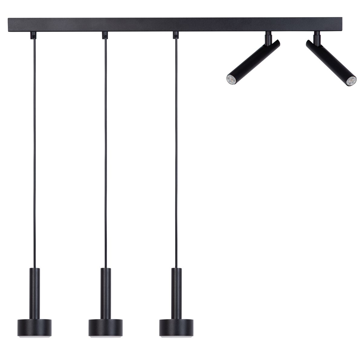 Lampa wisząca Stamp w kolorze czarnym, z dwoma źródłami światła G9 oraz trzema GX53. Produkt zawieszony na prostokątnej podstawie z trzema zwisającymi elementami, w minimalistycznym stylu, idealny do nowoczesnych wnętrz.