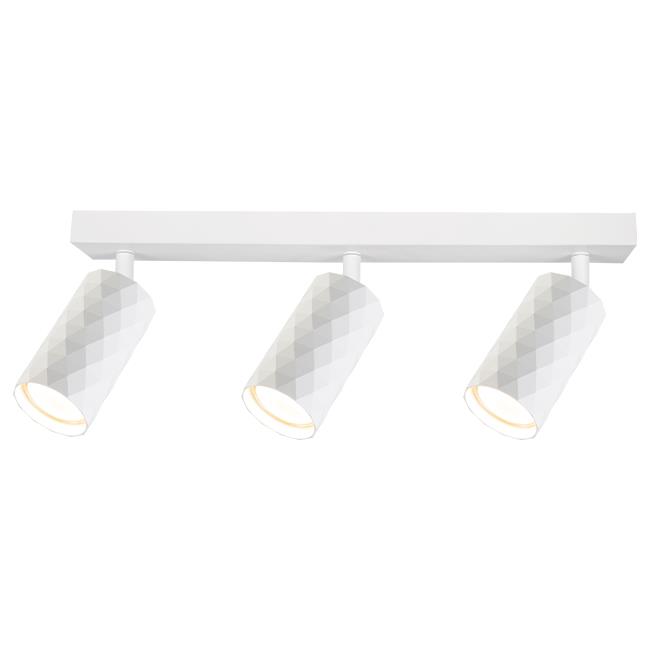 Lampa sufitowa Glamour z trzema reflektorami GU10 w kolorze białym. Reflektory mają diamentową fakturę, zamontowane na prostokątnej podstawie. Ujęcie frontalne, produkt w pozycji zamontowanej.