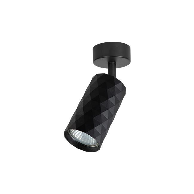 Czarna lampa sufitowa spot GU10 z fakturowanym cylindrycznym kloszem, zamontowana na okrągłej podstawie. Lampa skierowana w dół, idealna do oświetlenia wnętrz. Wymiary i detale konstrukcji nie są widoczne.