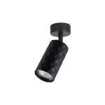 Czarna lampa sufitowa spot GU10 z fakturowanym cylindrycznym kloszem, zamontowana na okrągłej podstawie. Lampa skierowana w dół, idealna do oświetlenia wnętrz. Wymiary i detale konstrukcji nie są widoczne.