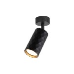 Czarna lampa sufitowa spot GU10 z geometrycznym, diamentowym wzorem. Lampa ma cylindryczny kształt, montowana do sufitu, z widocznym źródłem światła. Metaliczne wykończenie wnętrza klosza w kolorze złotym.