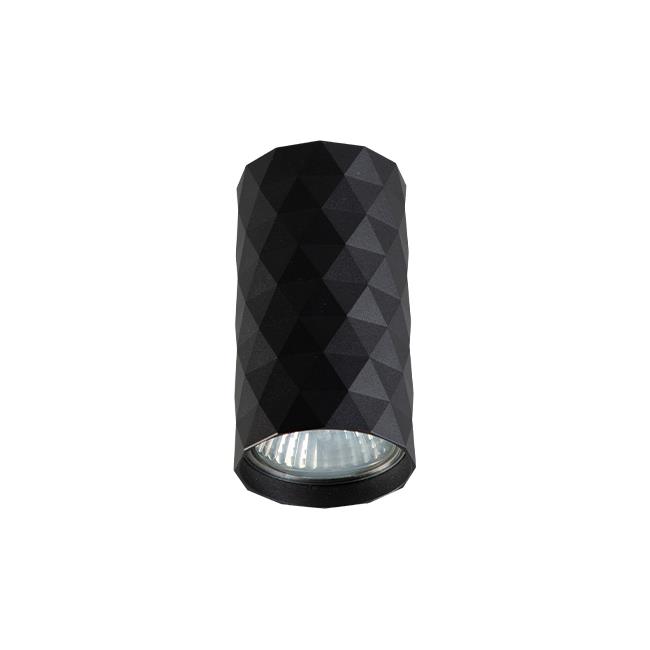 Czarna lampa sufitowa typu tuba GU10 z teksturowaną, diamentową powierzchnią. Ujęcie frontalne, lampa w pozycji wiszącej, z widoczną żarówką w dolnej części. Prosta dekoracja, idealna do nowoczesnych wnętrz.