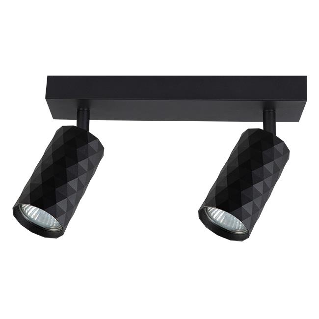 Czarna lampa sufitowa spot z dwoma reflektorami GU10 o fakturze diamentowej, zamontowana na prostokątnej podstawie. Reflektory skierowane są w dół, co podkreśla ich geometryczny kształt i nowoczesny design.