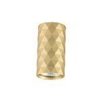 Złota lampa sufitowa tuba GU10 o geometrycznej, fakturowanej powierzchni. Ujęcie frontalne, produkt wiszący, widoczna część emitująca światło. Idealna do nowoczesnych wnętrz, na jednolitym tle.