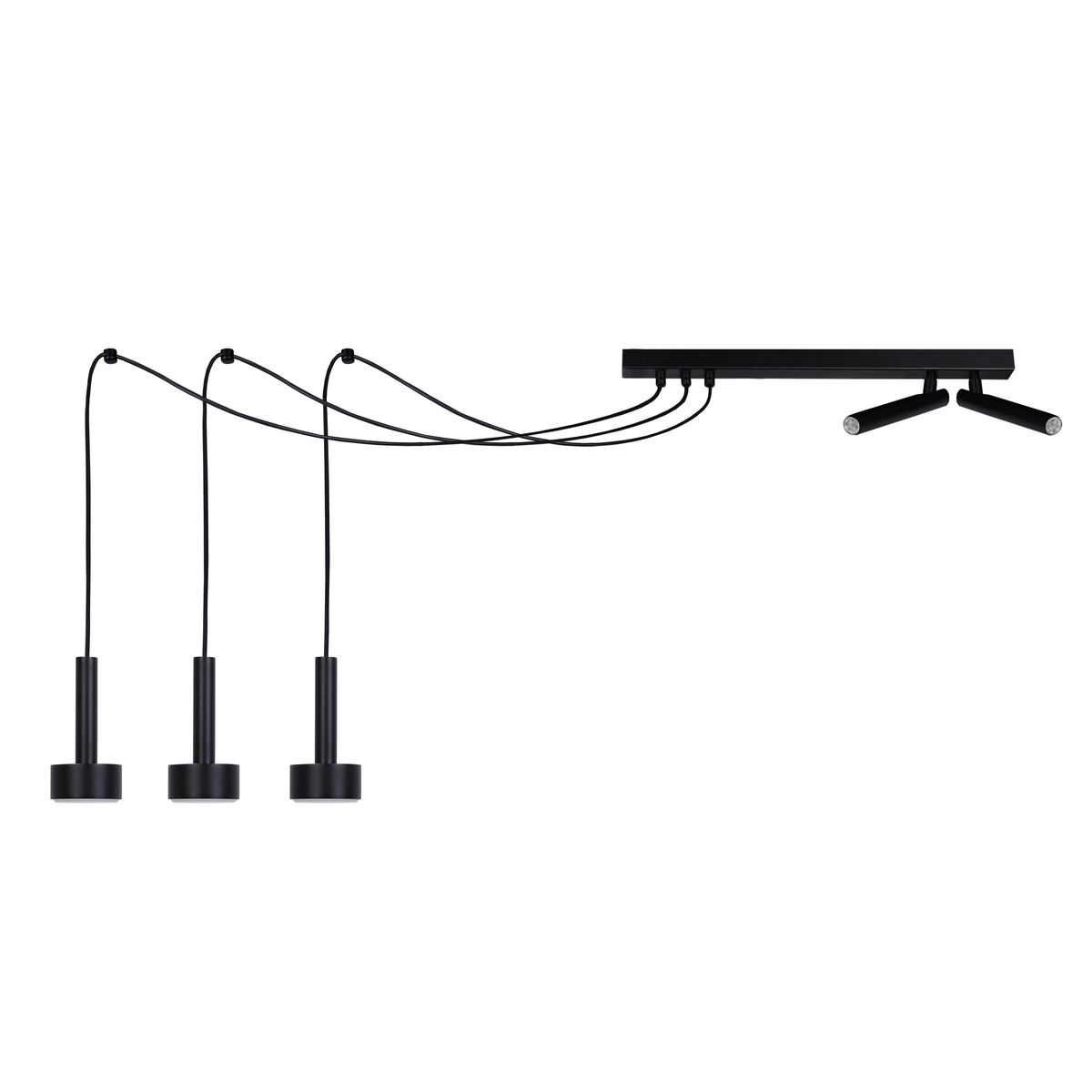Lampa wisząca Stamp Spider w kolorze czarnym, z płaskim stelażem i trzema zwisającymi oprawami na żarówki GX53 oraz dwiema na G9. Kable w minimalistycznym stylu płynnie prowadzą do źródeł światła.