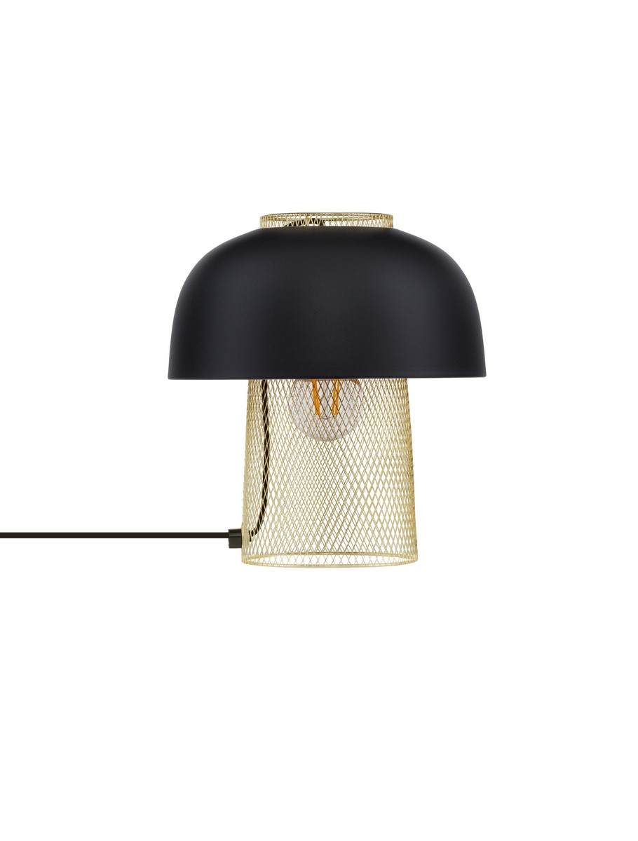Lampa stołowa Rupa w kolorze czarnym i złotym z kloszem z siatki metalowej. Ujęcie frontalne, lampa ustawiona na płaskiej powierzchni, widoczny przewód zasilający. Wysoka, okrągła forma z eleganckim połączeniem kolorów.