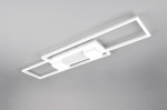 Biała lampa sufitowa Albany LED o mocy 37W, z pilotem. Prosty design z dwoma prostokątnymi panelami świetlnymi umieszczonymi na tle płaskiej, białej ramy. Ujęcie z dołu, ukazujące całość lampy zamontowanej na suficie.