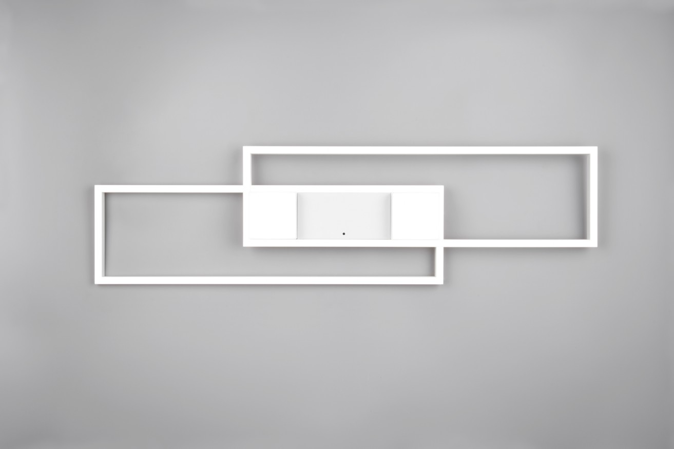 Lampa sufitowa Albany LED o mocy 37W w kolorze białym. Posiada nowoczesny, geometryczny kształt z dwoma prostokątnymi ramkami. Ujęcie frontalne, zamontowana na szarym tle, z centralnym panelem sterującym do pilota.