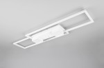 Biała lampa sufitowa Albany z pilotem, LED/37W, o nowoczesnym, prostokątnym kształcie. Ujęcie z dołu, z widocznym centralnym korpusem i minimalistycznymi ramkami. Montowana do sufitu, na jednolitym tle.