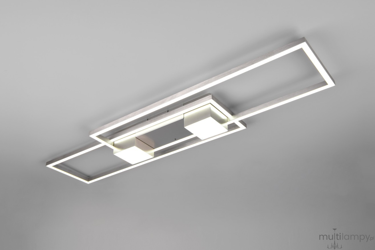 Lampa sufitowa Albany LED o mocy 37W w kolorze niklowym, z podwójnym prostokątnym kształtem. Wyposażona w dwa kwadratowe źródła światła, zamontowana na szarym tle. Zdalne sterowanie.