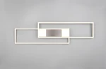 Lampa sufitowa Albany LED 37W w kolorze niklowym, z pilotem. Oryginalny, geometryczny kształt z dwoma prostokątnymi ramkami w jasnym kolorze. Zainstalowana na gładkim szarym tle, prezentuje minimalistyczny design.