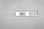 Lampa sufitowa Albany LED o mocy 37W w kolorze niklowym. Posiada nowoczesną, prostokątną konstrukcję z białymi ramkami. Ujęcie frontalne, produkt zamontowany na szarym tle, z widocznym przyciskiem do zdalnego sterowania.