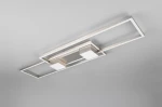 Lampa sufitowa Albany LED, 37W, w kolorze niklu. Posiada dwa kwadratowe klosze i prostokątną konstrukcję z metalowymi detalami. Ujęcie z dołu, na szarym tle, ukazuje nowoczesny design i pilot do zdalnego sterowania.