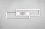 Lampa sufitowa Albany z pilotem, LED, 37W, w kolorze niklu. Ma nowoczesny, geometryczny kształt z białymi ramkami. Ujęcie frontalne, produkt zamontowany na jednolitym tle. Widoczna centralna część w kolorze niklowym z przyciskiem.