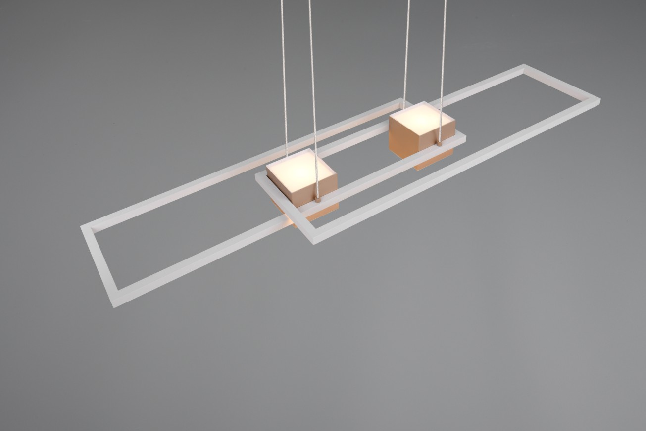 Lampa wisząca Albany z pilotem LED/37W w kolorze kawowym. Posiada dwa kwadratowe, mleczne klosze zawieszone na białych linkach w prostokątnej ramie. Ujęcie z góry, na jednolitym tle.