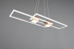 Lampa wisząca Albany LED o mocy 37W w kolorze kawowym. Konstrukcja składa się z dwóch prostokątnych ram w białym kolorze, z dwoma kwadratowymi elementami w odcieniu złotym. Zawieszona na cienkich linkach, prezentuje nowoczesny styl.