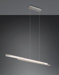 Lampa wisząca Odio w kolorze niklowym, z dwoma źródłami światła LED o mocy 22W. Prosta, prostokątna konstrukcja zawieszona na cienkich linkach, z minimalistycznym, metalowym stelażem. Tło ciemnoszare, podkreślające nowoczesny design.