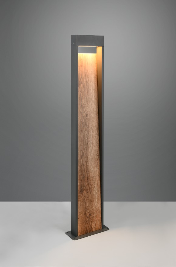 Lampa ogrodowa Salmon H100, stojąca, z antracytowym metalowym korpusem i imitacją drewna, z oświetleniem LED 11W. Produkt ma prostokątny kształt, z wbudowanym źródłem światła u góry, na jednolitym tle.