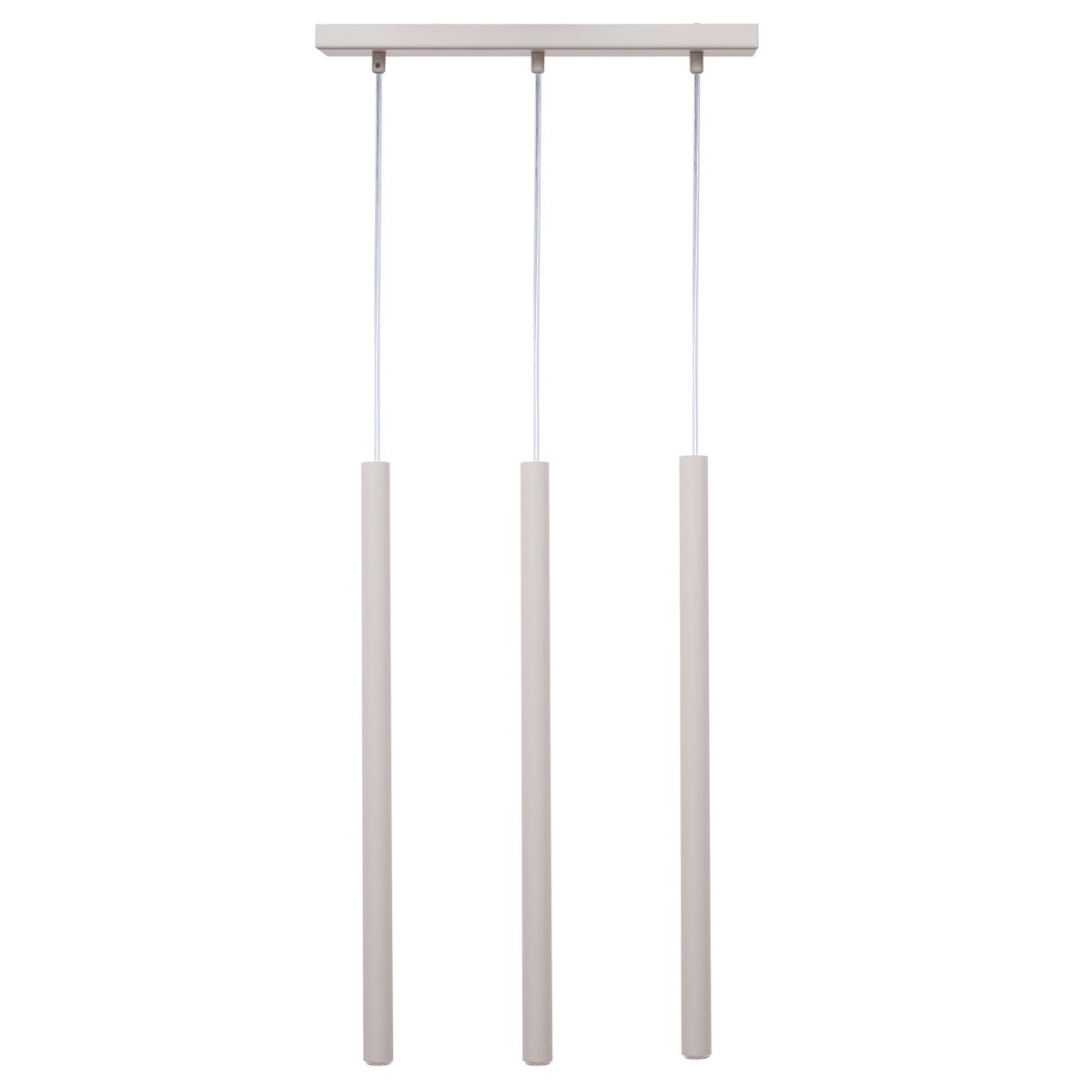 Lampa wisząca Sopel 3xG9 w kolorze szarym beżowym. Składa się z trzech prostokątnych elementów zawieszonych na cienkich linkach. U góry znajduje się prostokątna podsufitka w tym samym kolorze. Idealna do nowoczesnych wnętrz.
