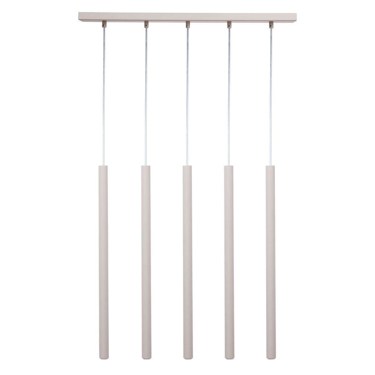 Lampa wisząca Sopel w kolorze szaro-beżowym z pięcioma cylindrycznymi kloszami, zawieszona na cienkich linkach. Produkt ma prostą, minimalistyczną konstrukcję z metalowym stelażem. Idealna do nowoczesnych wnętrz.