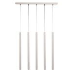 Lampa wisząca Sopel w kolorze szaro-beżowym z pięcioma cylindrycznymi kloszami, zawieszona na cienkich linkach. Produkt ma prostą, minimalistyczną konstrukcję z metalowym stelażem. Idealna do nowoczesnych wnętrz.