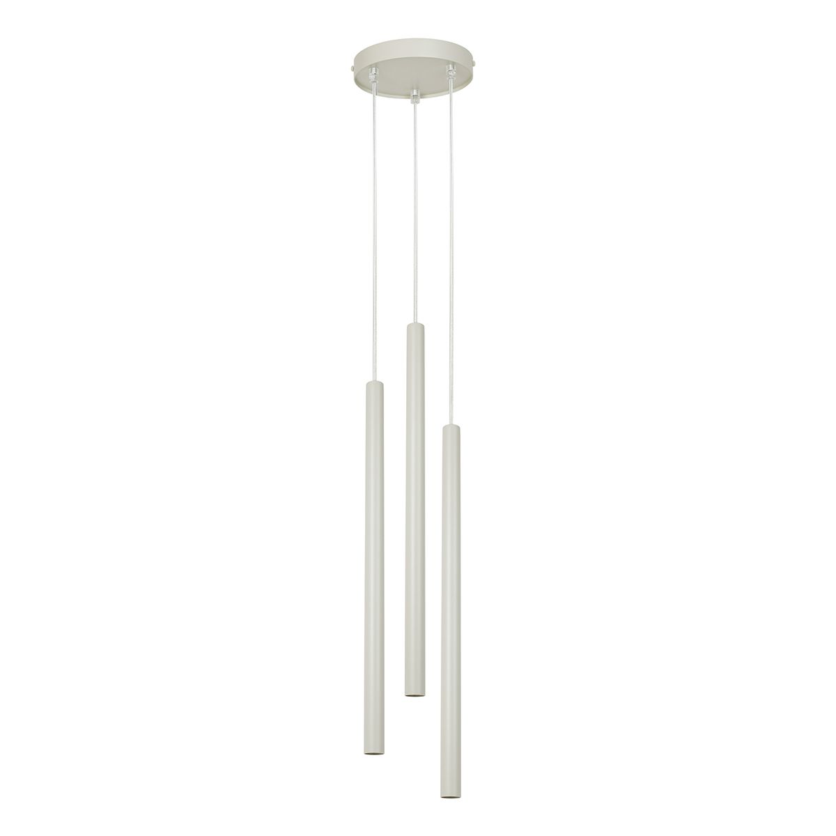 Lampa wisząca Sopel w kolorze szarym beżowym z trzema długimi, cylindrycznymi kloszami zawieszonymi na cienkich linkach. Ujęcie z góry, pokazujące równą wysokość kloszy oraz okrągłą podsufitkę. Prosty, nowoczesny design.