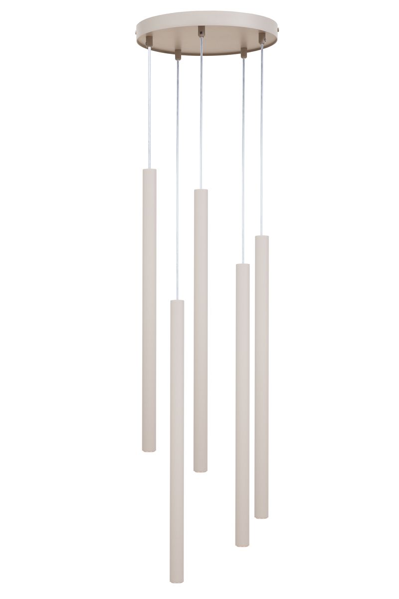 Lampa wisząca Sopel w kolorze szaro-beżowym z pięcioma prostokątnymi, wiszącymi elementami. Ułożona pionowo, zawieszona na cienkich linkach, z okrągłym mocowaniem sufitowym. Minimalistyczny design idealny do nowoczesnych wnętrz.