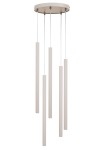 Lampa wisząca Sopel w kolorze szaro-beżowym z pięcioma prostokątnymi, wiszącymi elementami. Ułożona pionowo, zawieszona na cienkich linkach, z okrągłym mocowaniem sufitowym. Minimalistyczny design idealny do nowoczesnych wnętrz.