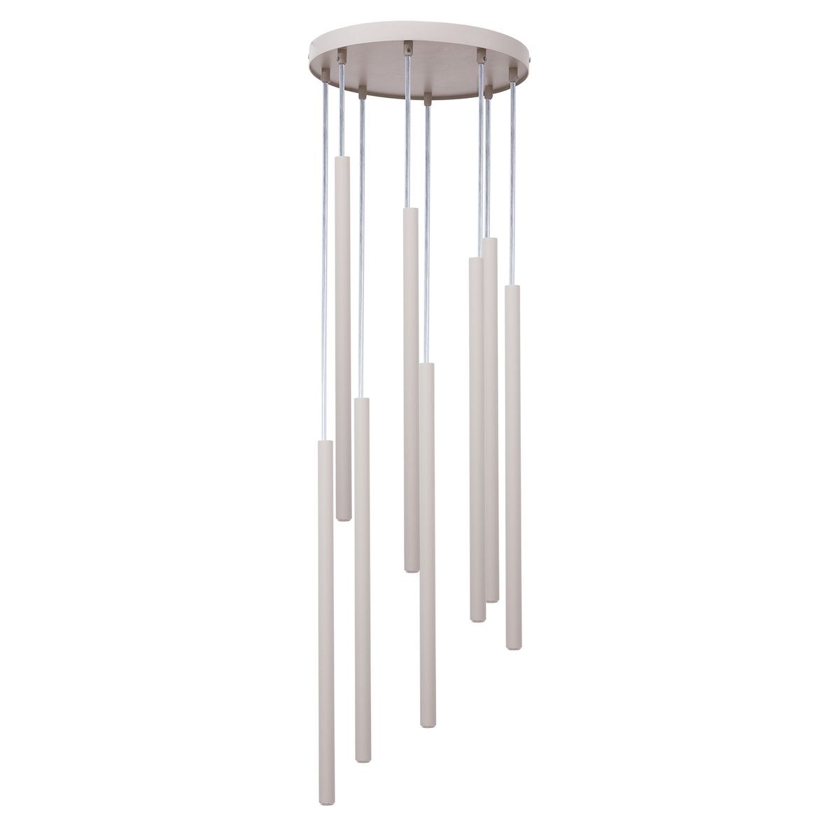 Lampa wisząca Sopel w kolorze szarym beżowym, z ośmioma przezroczystymi kloszami w formie prostokątnych rur, zawieszona na metalowych linkach. Montaż sufitowy, minimalistyczny design, idealna do nowoczesnych wnętrz.