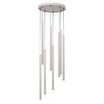 Lampa wisząca Sopel w kolorze szarym beżowym, z ośmioma przezroczystymi kloszami w formie prostokątnych rur, zawieszona na metalowych linkach. Montaż sufitowy, minimalistyczny design, idealna do nowoczesnych wnętrz.