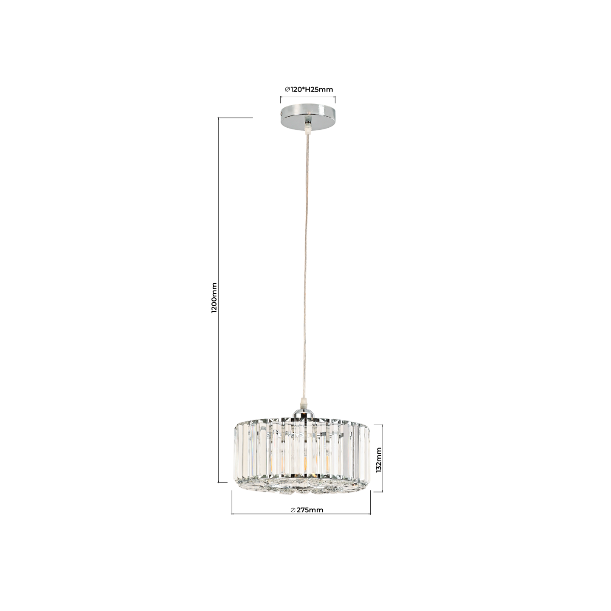 Lampa wisząca Vetro LP-2910/1P GD w kolorze złotym z kloszem o średnicy 275 mm i wysokości 132 mm, zawieszona na białym przewodzie o długości 1200 mm. Klosz wykonany z przezroczystego materiału z pionowymi żłobieniami.