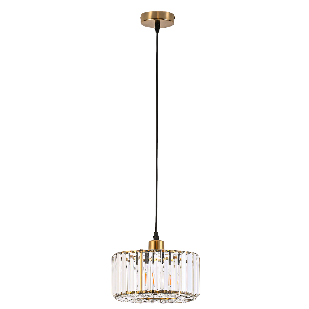 Lampa wisząca Vetro LP-2910/1P GD w kolorze złotym z kloszem z przezroczystego szkła o fakturze pryzmatu. Zawieszona na czarnym kabelku, o okrągłym kształcie, idealna do nowoczesnych wnętrz.