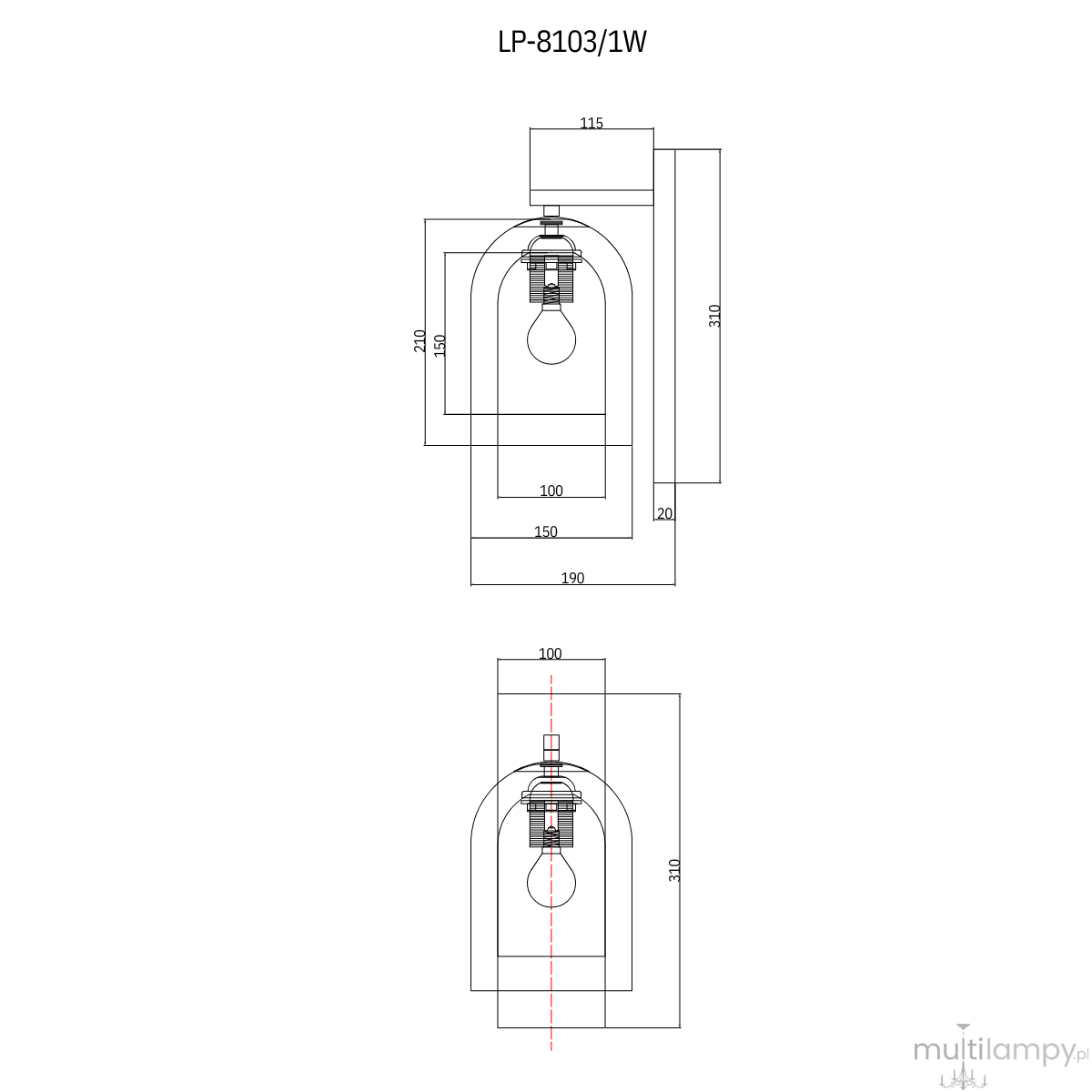 Kinkiet Elaris z jednym gniazdem E27, czarny z dymionym kloszem. Prosty, nowoczesny design o wymiarach 310 mm wysokości i 190 mm szerokości, montowany na ścianie. Widoczny uchwyt z żarówką w centralnej części.