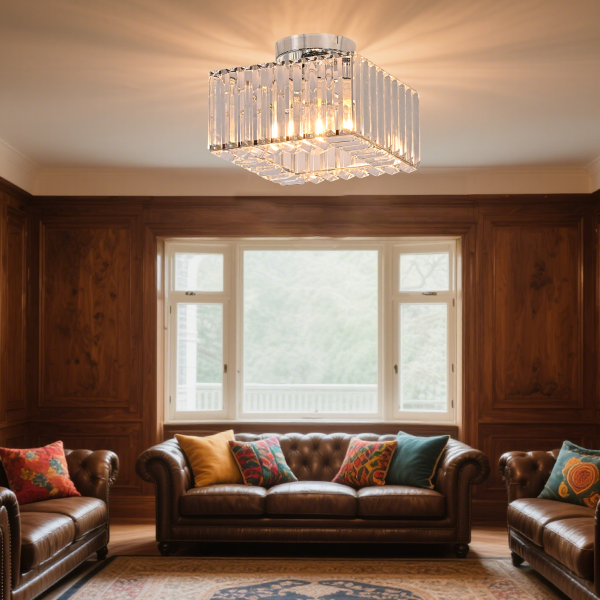 Lampa sufitowa Vetro 1xE27 w chromowanej obudowie z kwadratowym kloszem, z przezroczystymi, pionowymi elementami. Zawieszona na suficie, tworzy efektowne oświetlenie w pomieszczeniu z drewnianymi panelami i sofami.