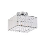 Lampa sufitowa Vetro LP-2910/1C CH w kształcie kwadratu, wykonana z przezroczystego szkła z pionowymi żłobieniami. Chromowany uchwyt montażowy. Przeznaczona na jedną żarówkę E27. Ujęcie z dołu, pokazujące detal konstrukcji.